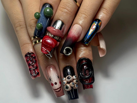 Dark Carnival Horror Press On Nails | 3D Creepy Clown Nail Art | Gothic Horror Eyes & Chains | Edgy Halloween Statement Set | JB144EK