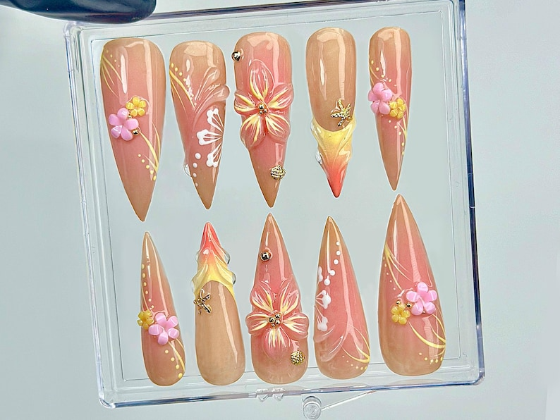 Sunset Blossom Whisper Press On Nails | 3D Pastel Flower Nail Art | Elegant Nude & Coral Tones | Handcrafted Ombre Floral Nails |HC999EK
