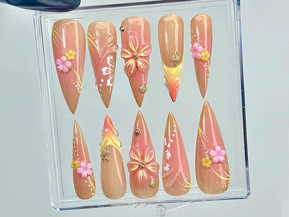 Sunset Blossom Whisper Press On Nails | 3D Pastel Flower Nail Art | Elegant Nude & Coral Tones | Handcrafted Ombre Floral Nails |HC999EK