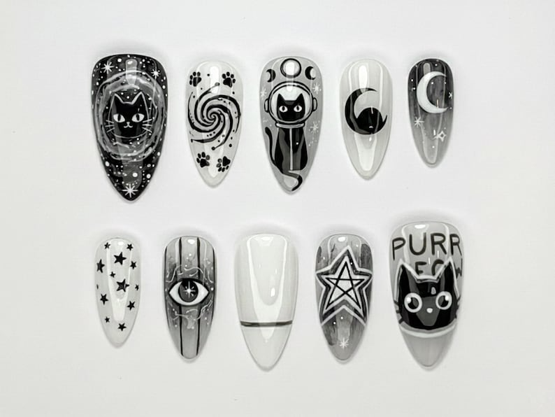 Cosmic Black Cat Press On Nails | Gothic Cat Nail Art | Moon Star Astrology Nails | Witchy Black White Press Ons | Mystic Nail Set | JB263H