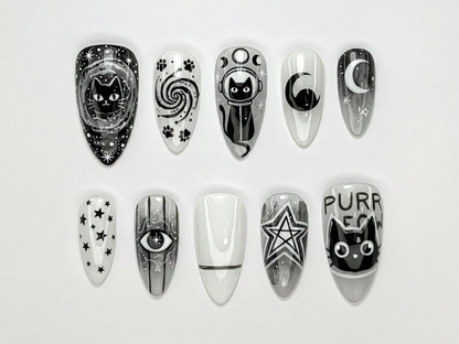 Cosmic Black Cat Press On Nails | Gothic Cat Nail Art | Moon Star Astrology Nails | Witchy Black White Press Ons | Mystic Nail Set | JB263H