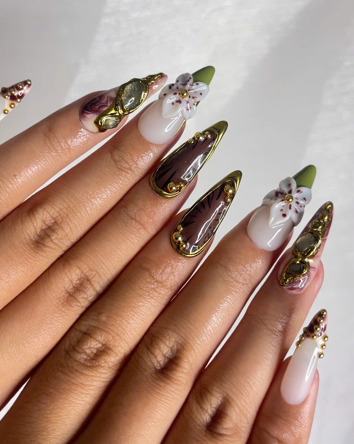 Autumn Gemstone Bloom Press On Nails | Fall Burgundy and Green Nail Art | 3D Flower & Crystal Accents | Baroque Autumn Design | HC1094EC