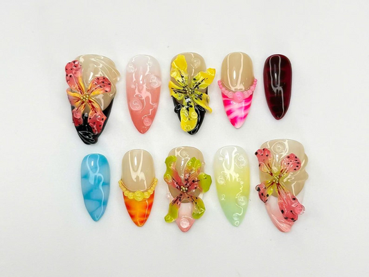 3D Floral Press On Nails | Handmade Flower Nail Set | Tropical Press On Nail Set| Vibrant Summer Nail Art for Women| JB912DC
