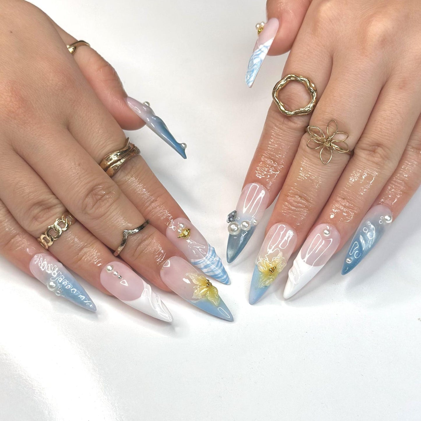 Oceanic Glam Press On Nails | Ripple & 3D Floral | Y2K Pastel Summer | Bold Beach Vacation | Long Stiletto Mermaid Nail | OB1350DG