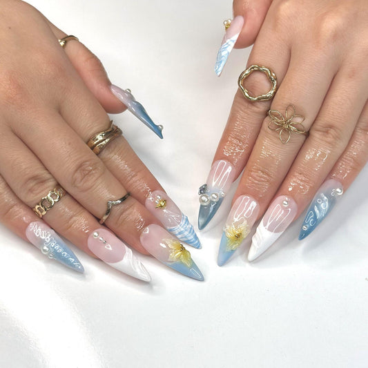 Oceanic Glam Press On Nails | Ripple & 3D Floral | Y2K Pastel Summer | Bold Beach Vacation | Long Stiletto Mermaid Nail | OB1350DG