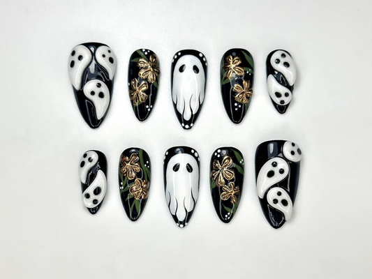 Midnight Ghost Garden Press On Nails | 3D White Ghost Nail Art | Black & Gold Floral Halloween Set | Handmade Spooky Long Nails | HB1081EK