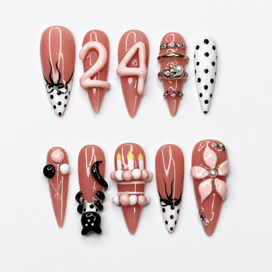 Custom Birthday Press On Nails | Pink Coquette 24 Nails, 3D Cake Bow Nails, Cute Party Nails, Reusable Gift for Her | OB435LG