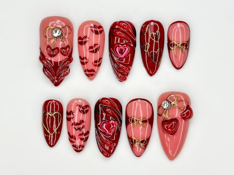 Ruby Kiss Valentine Press On Nails | 3D Heart Valentine Long Nails | Red Pink Ribbon Nail Art | Luxury Love Statement Set | JB273EC