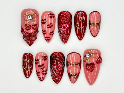 Ruby Kiss Valentine Press On Nails | 3D Heart Valentine Long Nails | Red Pink Ribbon Nail Art | Luxury Love Statement Set | JB273EC