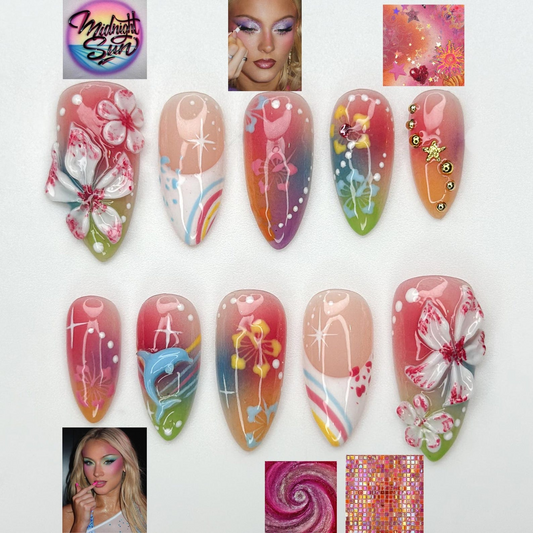 Midnight Sun Press On Nails for Y2K Lovers | Sunset Ombre Rainbow Nails with 3D Floral Art | 90s Nail Design | Artistic Press Ons | JB290HC