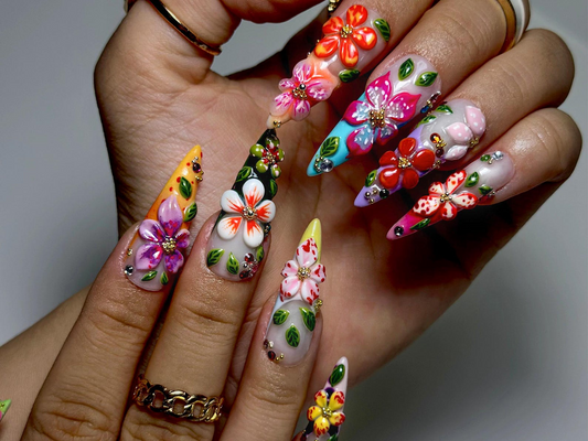 Tropical Garden Explosion Press On Nails | 3D Colorful Floral Nail Art | Rainbow Gradient Tips with Leaves & Gems | JB989EC
