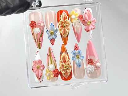 Luxurious 3D Flower Press On Nails | Bespoke Pink Flower Nail Art | Artisan Crafted Acrylic Nails | Jewels and Beads Nail Polish | HB633YK