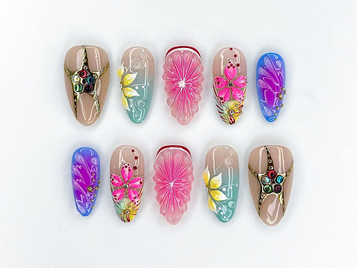 Tropical Bloom Press On Nails | 3D Flower Summer Nails | Colorful Citrus Slice Nails | Hand Painted Floral Nails | Vacation Nails | JB319H