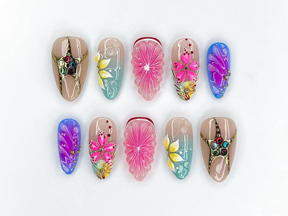 Tropical Bloom Press On Nails | 3D Flower Summer Nails | Colorful Citrus Slice Nails | Hand Painted Floral Nails | Vacation Nails | JB319H