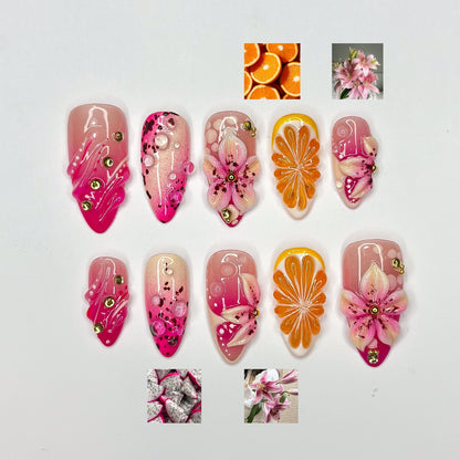 Summer Citrus & Dragon Fruit Nails | Pink Lily n Orange Slice Press Ons | Luxury Tropical Lemon Fruit Stiletto Art | OB376IC