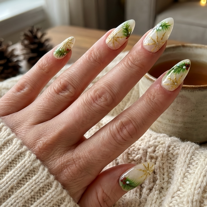 Luxury Christmas Press On Nails | Gold Snowflakes And Pine Accents Fake Nails | Festive Holiday Nail Polish | Seasonal Nail Art | HC650YC