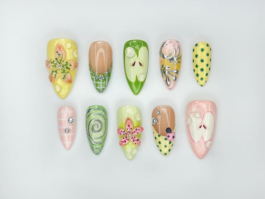 Green Garden Press On Nails | 3D Floral Accents, Ladybug Charms & Whimsical Pastel Nail Art | Handmade Nature-Inspired Nail Set | JB123EC
