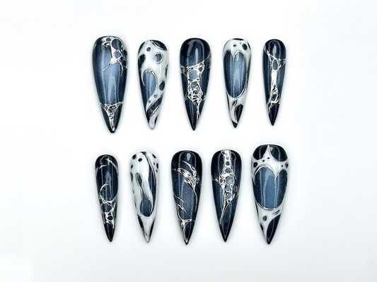 Lunar Eclipse Press On Nails | Black & Silver Metallic Nail Art | Space-Inspired Chrome Design | Gothic Celestial Nails | HC1166BK