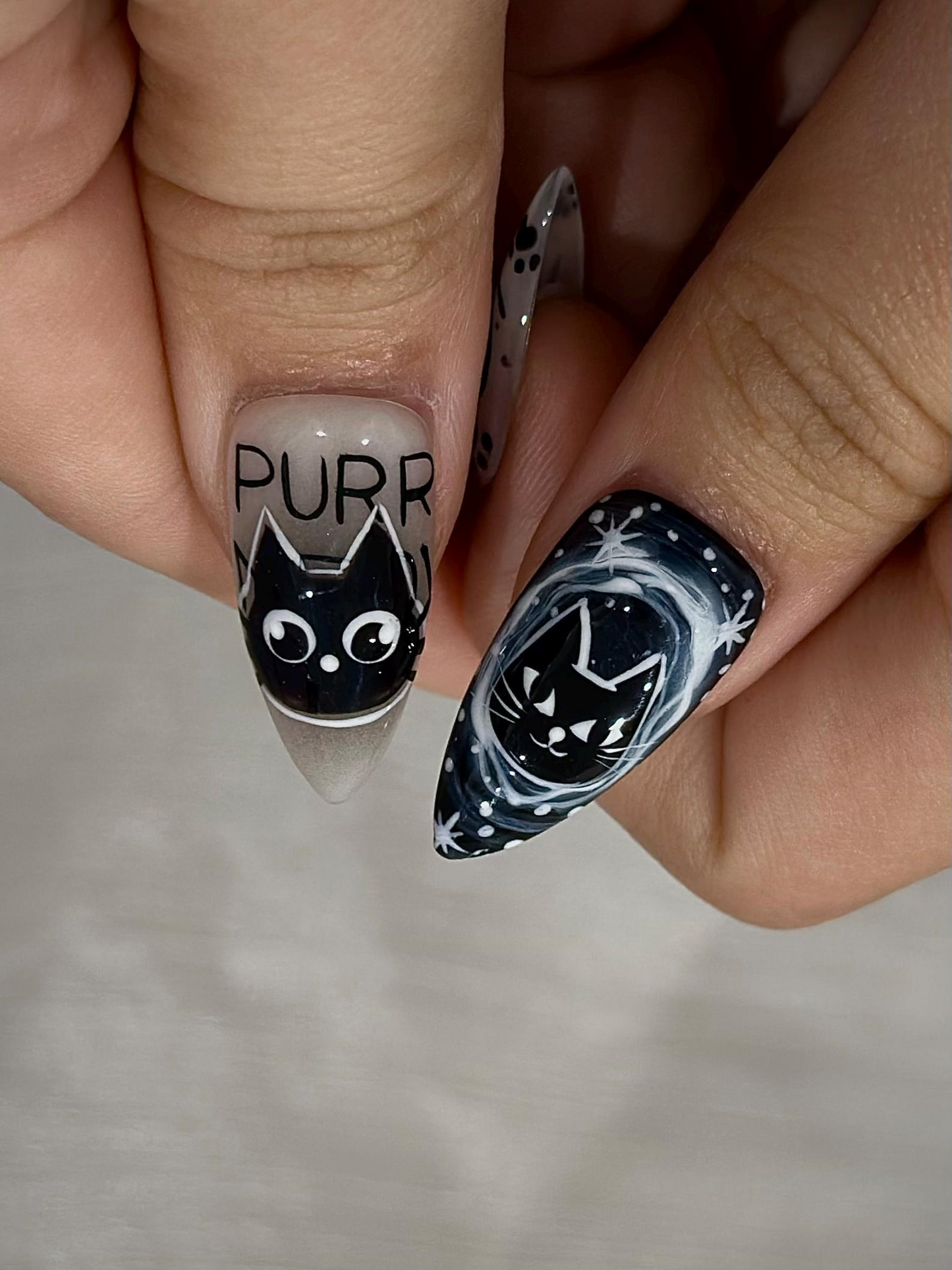 Cosmic Black Cat Press On Nails | Gothic Cat Nail Art | Moon Star Astrology Nails | Witchy Black White Press Ons | Mystic Nail Set | JB263H