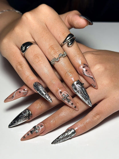 Gothic Chrome Stiletto Nails | 3D Liquid Metal Cross Press Ons | Cyberpunk Grunge Art | OB1330IB