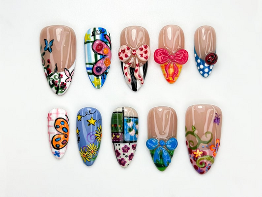 Pop Art Press On Nails | Funky Cartoon Mixed Pattern Nails | 3D Cute Bug & Ribbon Nail Art | Playful Art Press Ons | Cute Cartoon | JB804HC