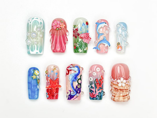 Summer Press On Nails with 3D Seashells and Pearls | Mermaid Dolphin Coral Shell Design | Summer Beach Vibe Nails | Sea Life Nails | JB923H