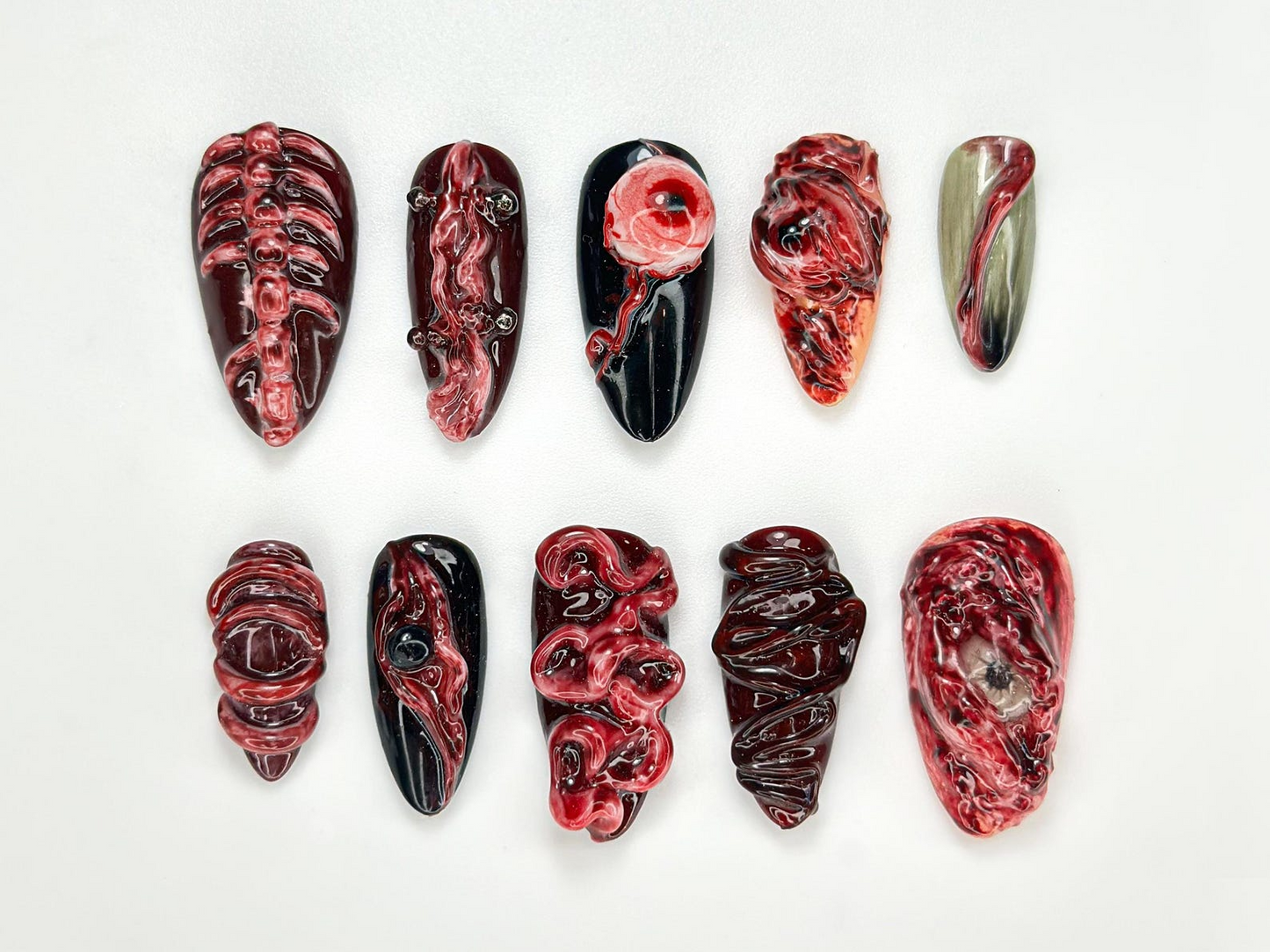 Horror Halloween Press On Nails | 3D Bloody Body Art Nails | Halloween Skeleton & Flesh Nail Set | Grunge Monster Horror Nails | JB979HC
