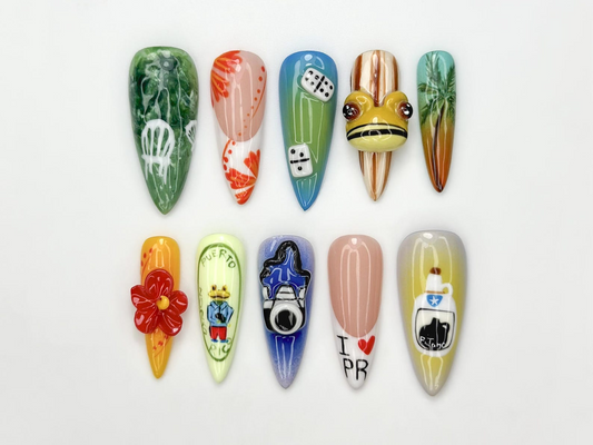 Tropical Vacation Press On Nails | 3D Beach Frog Nails | Puerto Summer Nail Art | Colorful Travel Press Ons | Handmade Nails | JB315HC