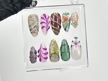 Elegant 3D Press On Nails | 3D Floral & Butterfly Fake Nails | Leaf Designs with Pearl Accents Nail Art | Nature-Inspired Nails | HB607YC