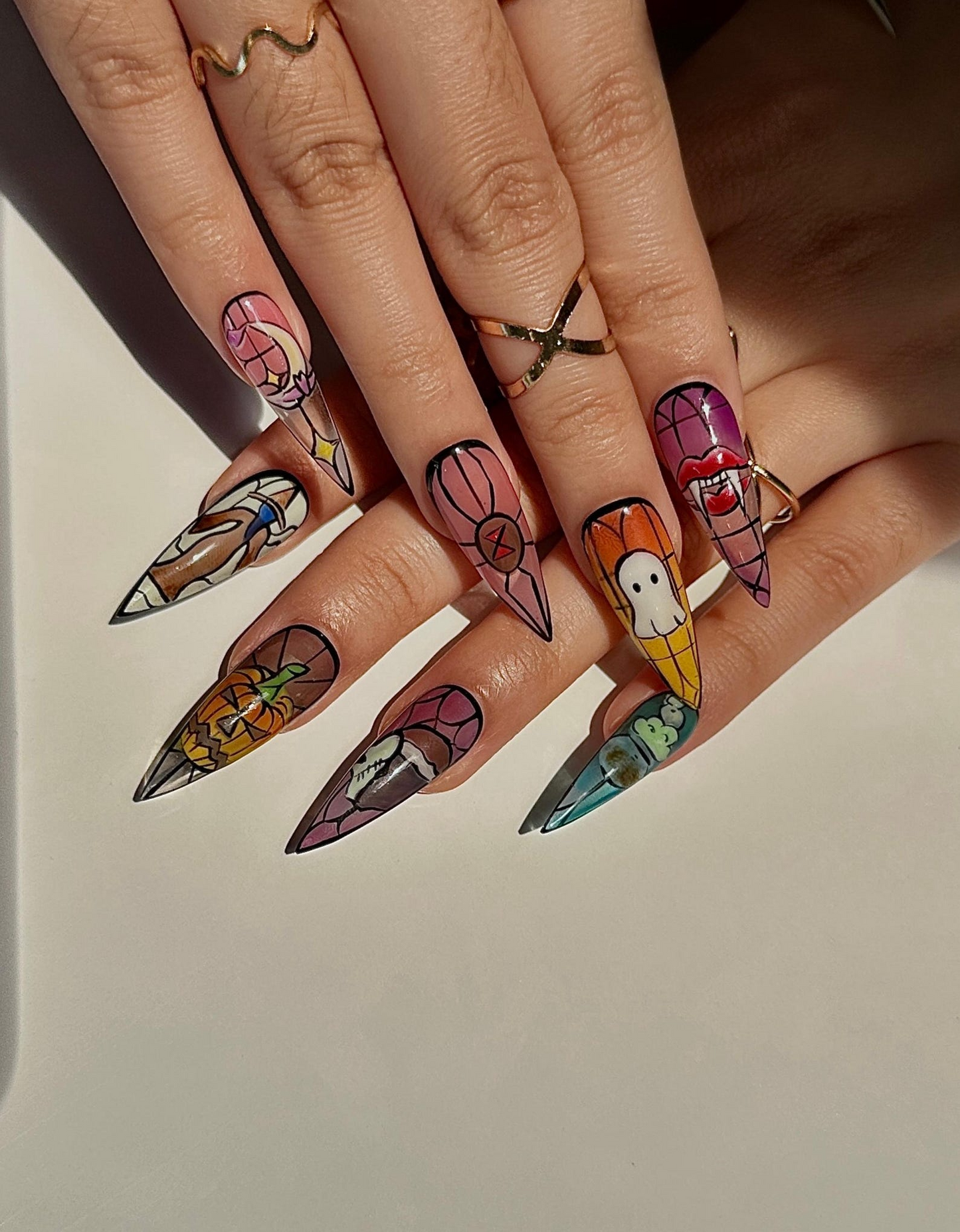 Stained Glass Halloween Press On Nails | Ghost Pumpkin Bat Nail Art | Colorful Spooky Nail Design | Handpainted Halloween Nails | JB111H