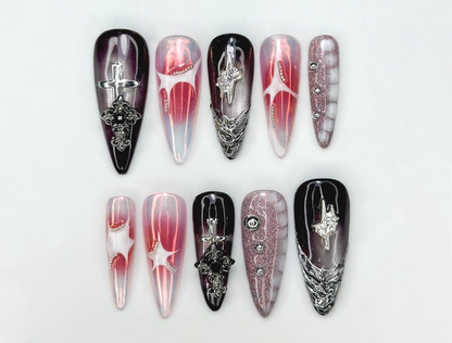 Press On Nails Adhesive Tabs – Black Pink Chrome Cross & Star Long Stiletto Handmade Fake Nails for Gothic Luxury Look