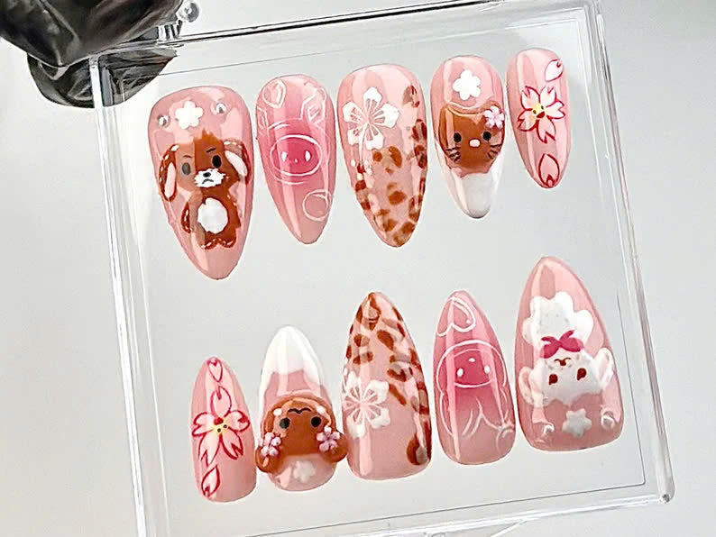 Kawaii Cartoon Press On Nails | Cute Pink Cat & Bunny Nail Art | Pink Animal Fake Nails | Kawaii Pastel Nail Polish | Cute Nails | HB680Yandpainted Flower | Dreamy Fairycore Nail | J303A (Copy)