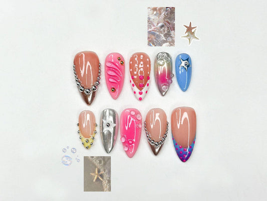 Glossy Press On Nails with Chrome Silver and Jelly Pink | Star Accent Pastel Nails in Almond Shape | Cute Nails | JC345NC