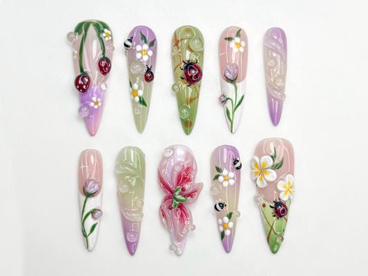 Pastel 3D Ladybug Press On Nails | 3D Floral Garden Nail Art | Cute Spring Nature Nails | Whimsical Bug Nail | Garden Bloom Design | JB800HC