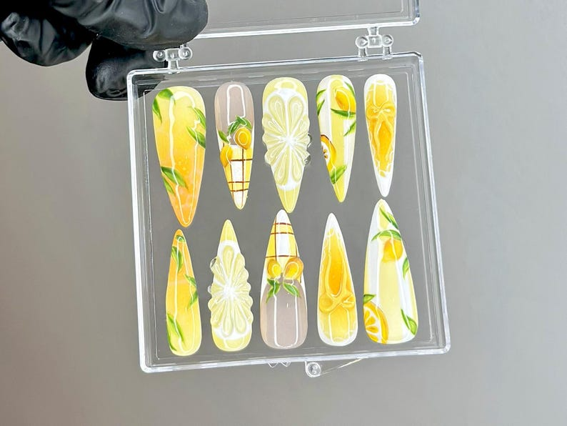 Summer Lemon Press On Nails | Hand Painted Citrus Nail Art | Fruit Design Press Ons | Glossy Fresh Fake nails | Aesthetic Nails | HB956YC