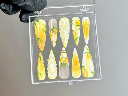 Summer Lemon Press On Nails | Hand Painted Citrus Nail Art | Fruit Design Press Ons | Glossy Fresh Fake nails | Aesthetic Nails | HB956YC