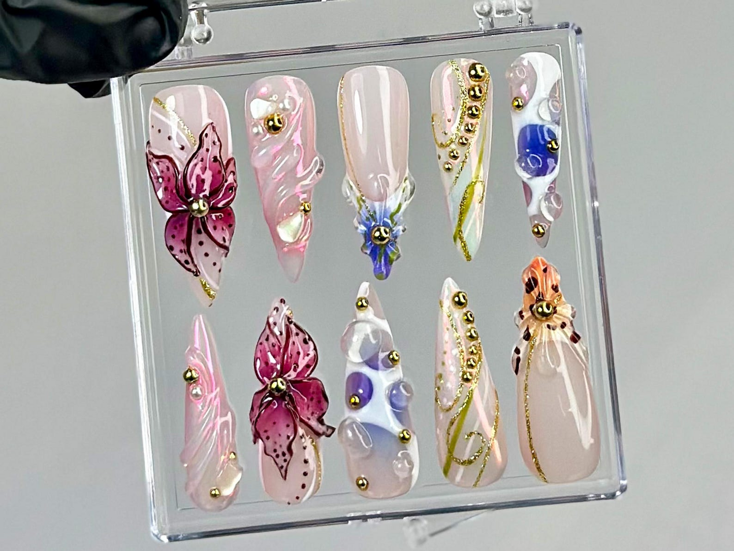Luxury Orchid Press On Nails | Pearl, Gold Floral Press Ons | Handmade Luxury Fake Nails | 3D Floral, Gold Accents Nail Art | HB751YC