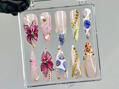 Luxury Orchid Press On Nails | Pearl, Gold Floral Press Ons | Handmade Luxury Fake Nails | 3D Floral, Gold Accents Nail Art | HB751YC