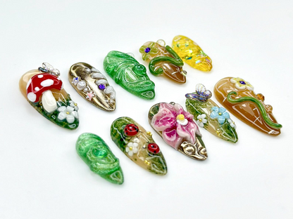 Enchanted Forest presson nails | 3D Mushroom Fairy Nail Art | Nature Inspired Press Ons |3D Fairy Garden Fake nails |Magical Nails |HB952YK