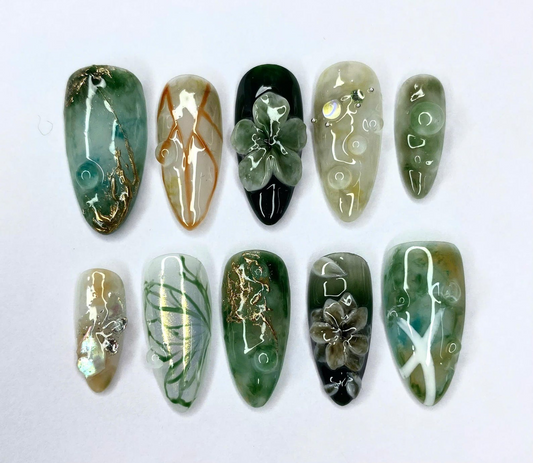 Handmade Jade Press On Nails | Glossy Green Botanical Nails | Elegant Stone Look Nails | Gold Marble Accents | 3D Nail Set