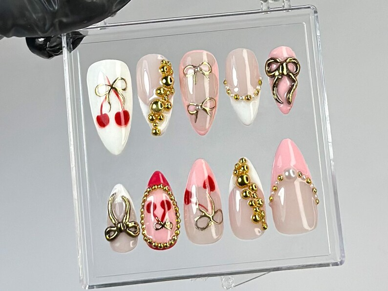 Romantic Cherry Press On Nails | Handmade Cherry, Gold Bead Press Ons | Pink & Gold Bow Fake Nails | French Tip Nail Art | HC782YK