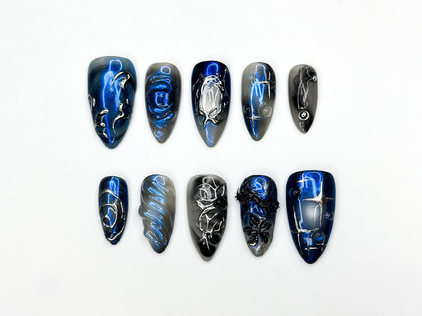 Galaxy Gothic Press On Nails | Dark Blue Chrome Cat Eye Nails | Celestial Star Night Nail Art | Handmade Cosmic Gel Nails | JB328IC