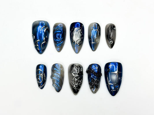 Galaxy Gothic Press On Nails | Dark Blue Chrome Cat Eye Nails | Celestial Star Night Nail Art | Handmade Cosmic Gel Nails | JB328IC