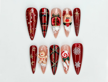 Red Christmas Reindeer Press On Nails | 3D Christmas Candy Nail Art | Holiday Red Glitter Nails | Festive Winter Nail Art | JC247EC