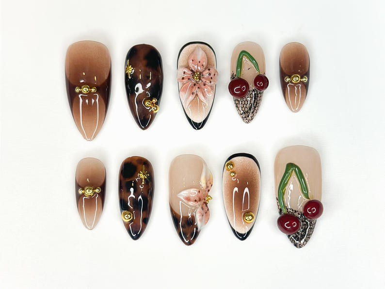 Tortoiseshell Fall Press On Nails | 3D Fruit & Floral Nail Art | 3D Cherry Blossom Nail Design| Handmade Luxury Nail| Elegant Nail | JC187HK