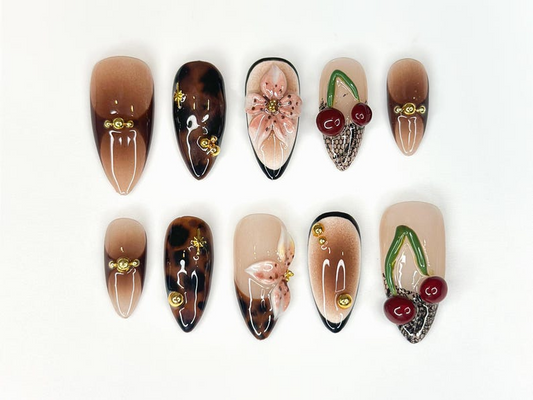 Tortoiseshell Fall Press On Nails | 3D Fruit & Floral Nail Art | 3D Cherry Blossom Nail Design| Handmade Luxury Nail| Elegant Nail | JC187HK