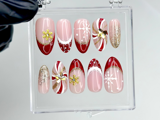 Red & Gold Christmas Press On Nails | Christmas Red Tips Nail Art | 3D Bow Accents And Snowflakes |Candy Cane Luxe Sparkle Nails | HB1213EC