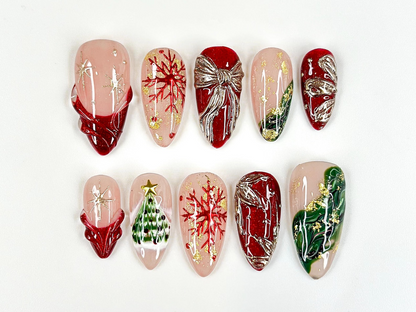 Red & Gold Christmas Press On Nails | Holiday Bow Nails | Festive Snowflake Nail Art | Elegant Press Ons | Winter Glam Nails | JB256HC