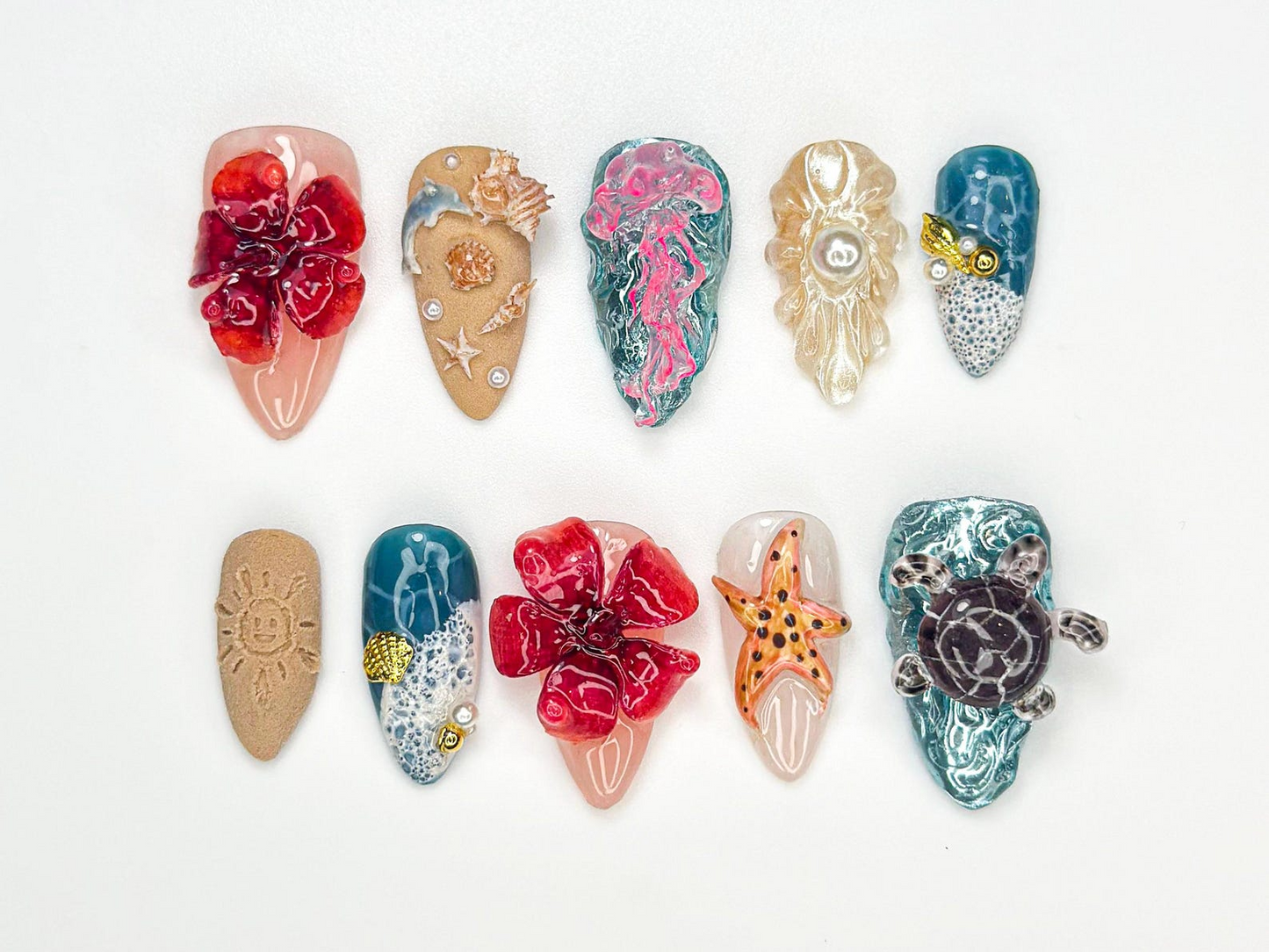 Handmade Summer Press On Nails | 3D Coral Flower Nail Art | Ocean Fantasy Starfish Nail | Tropical Beach Nail Design | Sunset Bloom| JB931HK