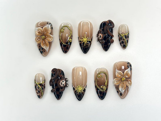 Jungle Safari Monkey Press On Nails | 3D Flower & Leopard Print Nail Art | Exotic Animal Nail Set | Handmade Safari Nails | A1116K